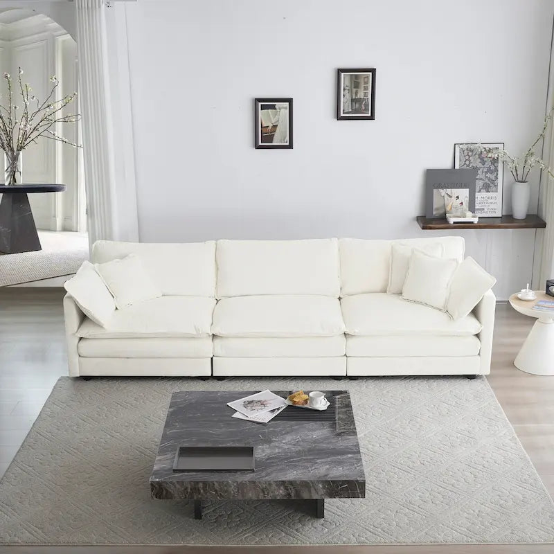 Canapé Mid-Century Moderne 3 places avec 2 coussins d'accoudoir et 3 coussins décoratifs, Canapé de salon en chenille blanche