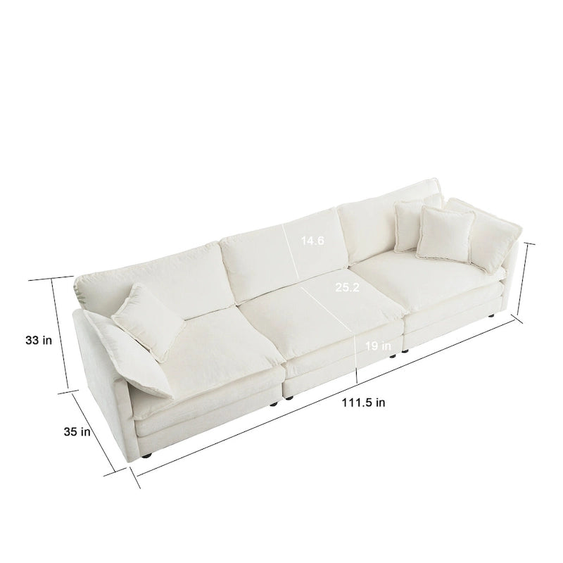 Canapé Mid-Century Moderne 3 places avec 2 coussins d'accoudoir et 3 coussins décoratifs, Canapé de salon en chenille blanche