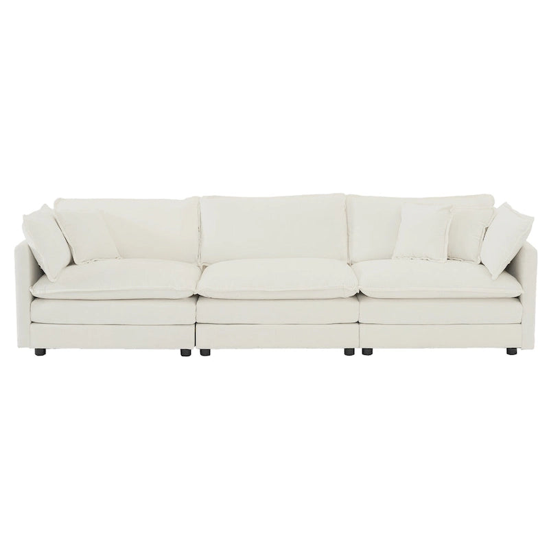 Canapé Mid-Century Moderne 3 places avec 2 coussins d'accoudoir et 3 coussins décoratifs, Canapé de salon en chenille blanche