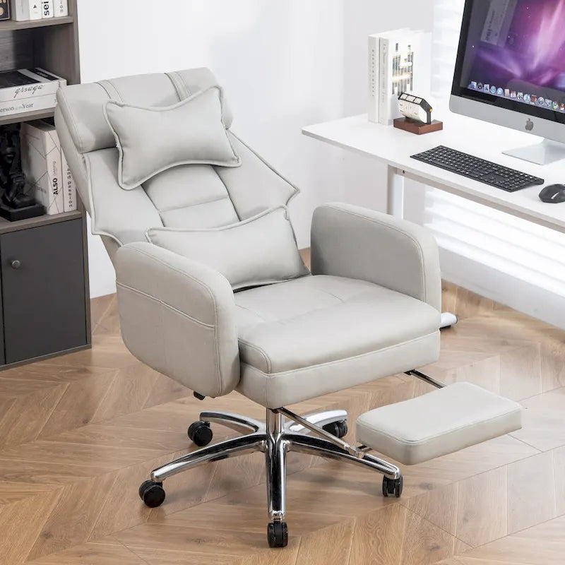 Light Grey Leather Swivel Office Recliner, Lumbar Support, Footrest