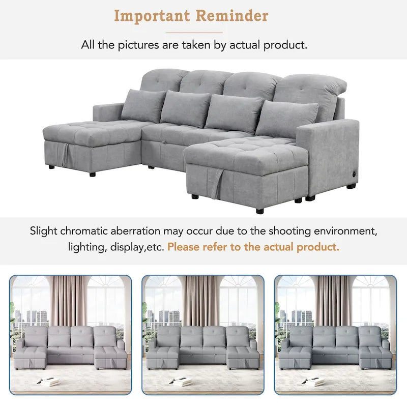 Canapé d'angle modulable en chenille surdimensionné de 279 cm avec lit gigogne, deux méridiennes de rangement et 2 ports USB