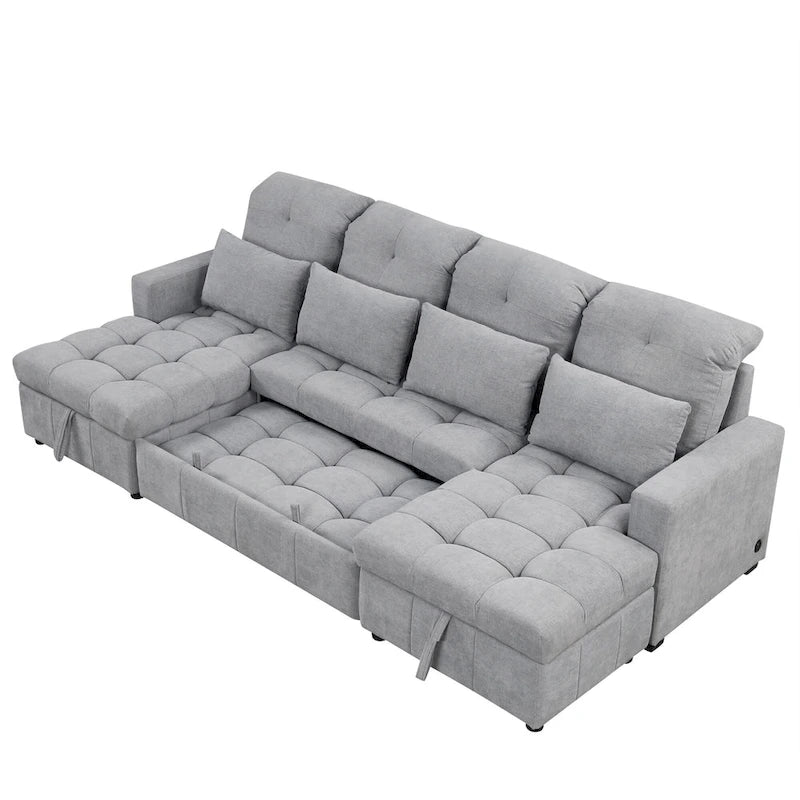 Canapé d'angle modulable en chenille surdimensionné de 279 cm avec lit gigogne, deux méridiennes de rangement et 2 ports USB