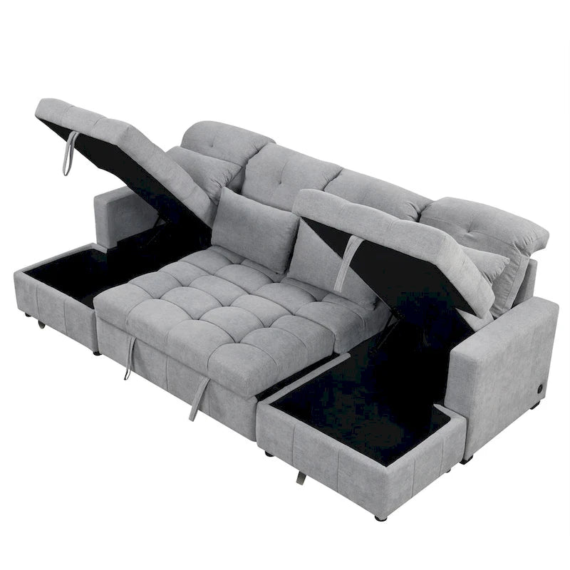 Canapé d'angle modulable en chenille surdimensionné de 279 cm avec lit gigogne, deux méridiennes de rangement et 2 ports USB