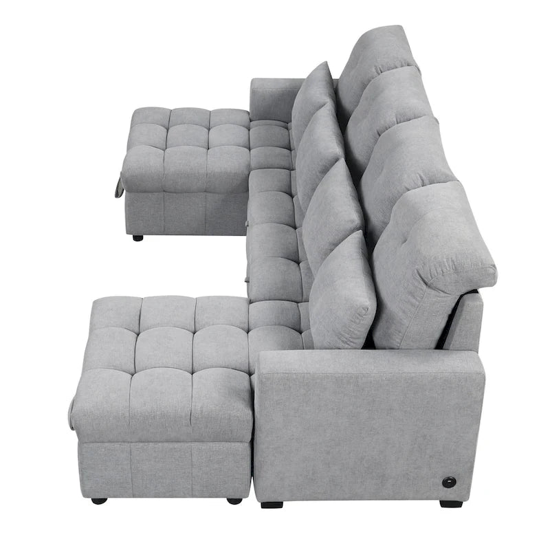 Canapé d'angle modulable en chenille surdimensionné de 279 cm avec lit gigogne, deux méridiennes de rangement et 2 ports USB
