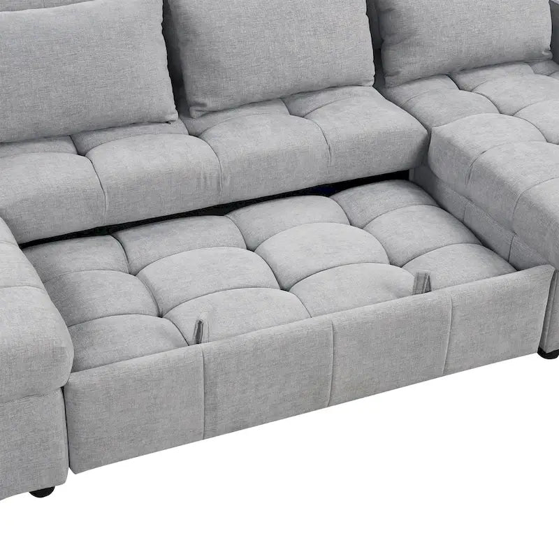 Canapé d'angle modulable en chenille surdimensionné de 279 cm avec lit gigogne, deux méridiennes de rangement et 2 ports USB