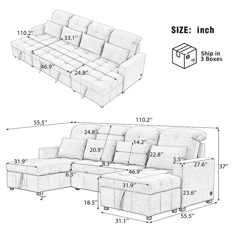 Canapé d'angle modulable en chenille surdimensionné de 279 cm avec lit gigogne, deux méridiennes de rangement et 2 ports USB