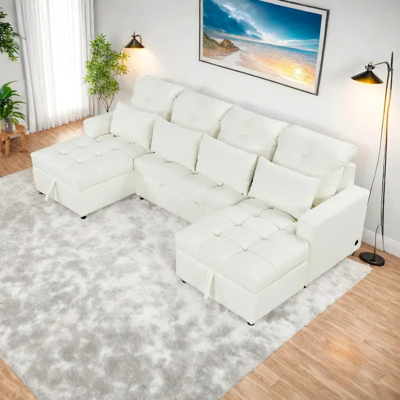 Canapé d'angle modulable en chenille surdimensionné de 279 cm avec lit gigogne, deux méridiennes de rangement et 2 ports USB