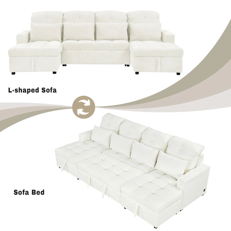 Canapé d'angle modulable en chenille surdimensionné de 279 cm avec lit gigogne, deux méridiennes de rangement et 2 ports USB