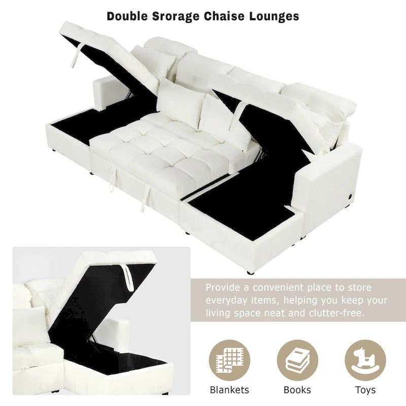 Canapé d'angle modulable en chenille surdimensionné de 279 cm avec lit gigogne, deux méridiennes de rangement et 2 ports USB