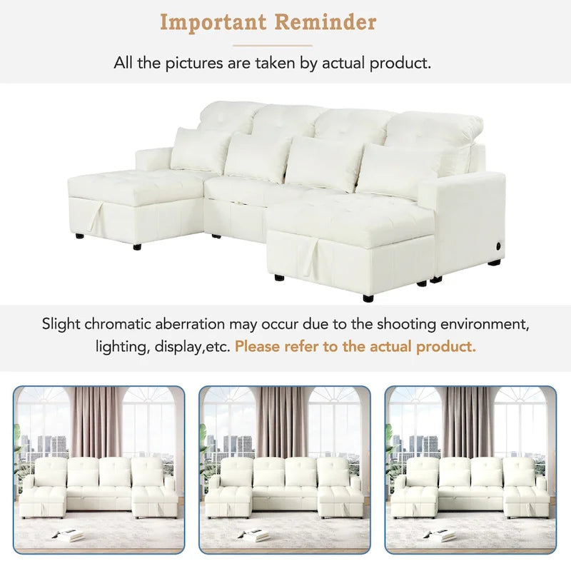 Canapé d'angle modulable en chenille surdimensionné de 279 cm avec lit gigogne, deux méridiennes de rangement et 2 ports USB