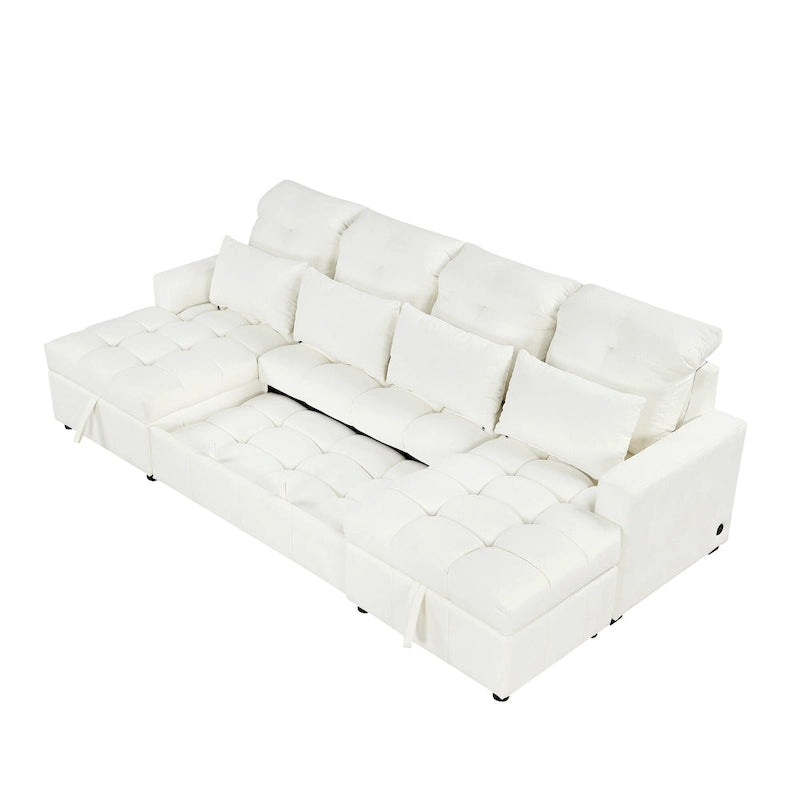 Canapé d'angle modulable en chenille surdimensionné de 279 cm avec lit gigogne, deux méridiennes de rangement et 2 ports USB