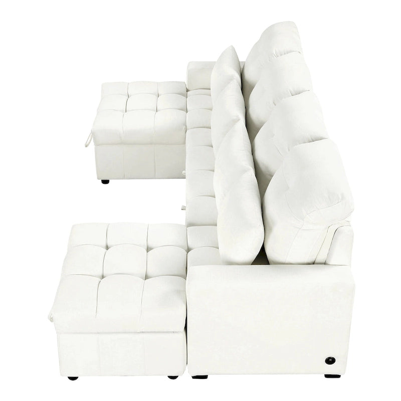 Canapé d'angle modulable en chenille surdimensionné de 279 cm avec lit gigogne, deux méridiennes de rangement et 2 ports USB