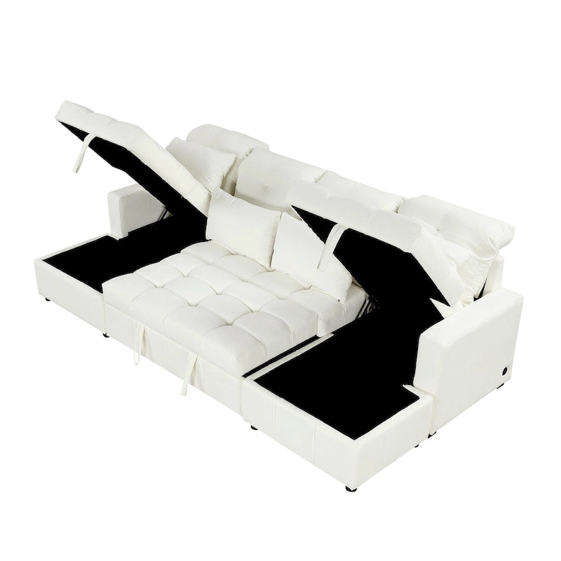 Canapé d'angle modulable en chenille surdimensionné de 279 cm avec lit gigogne, deux méridiennes de rangement et 2 ports USB