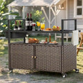 Table Chariot de Barbecue Extérieur avec Roues, Îlot de Cuisine en Osier