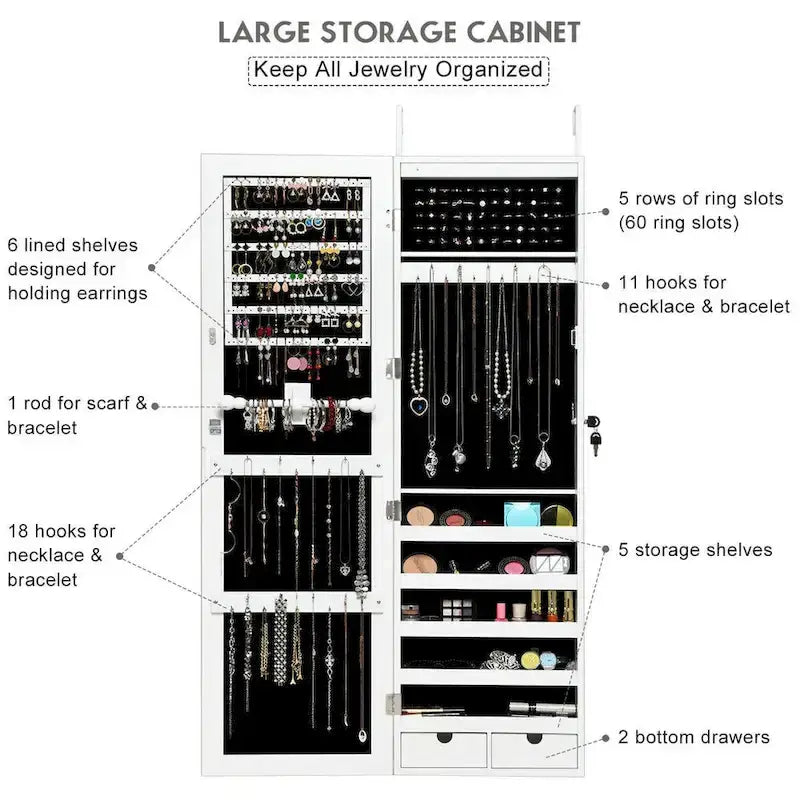 Armoire à bijoux murale avec miroir et lumières LED