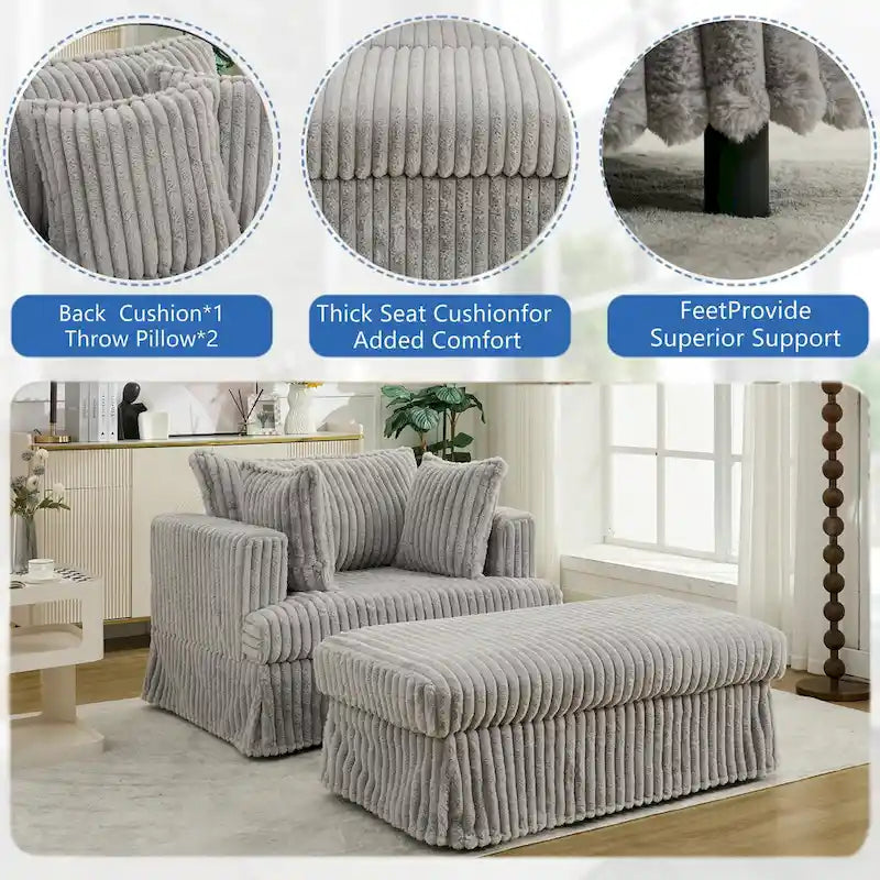 Chaise longue surdimensionnée moderne de 47,8 po avec pouf et oreillers
