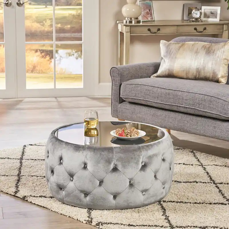 Table basse et tabouret en verre trempé et velours