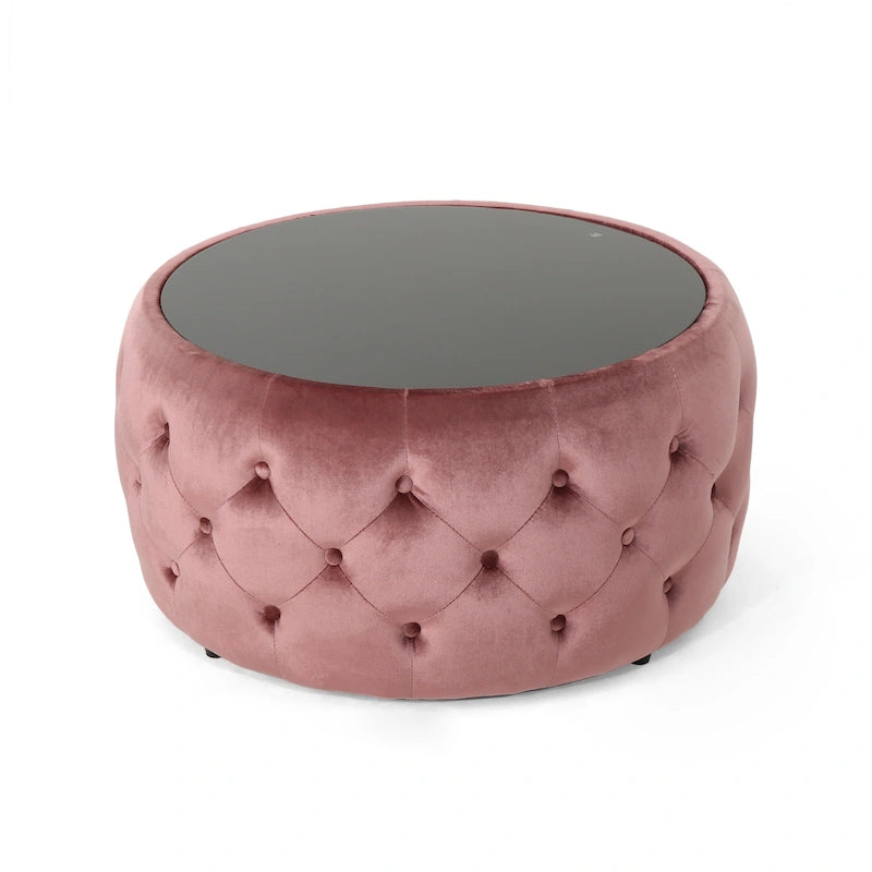 Table basse et tabouret en verre trempé et velours
