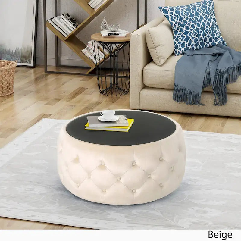 Table basse et tabouret en verre trempé et velours
