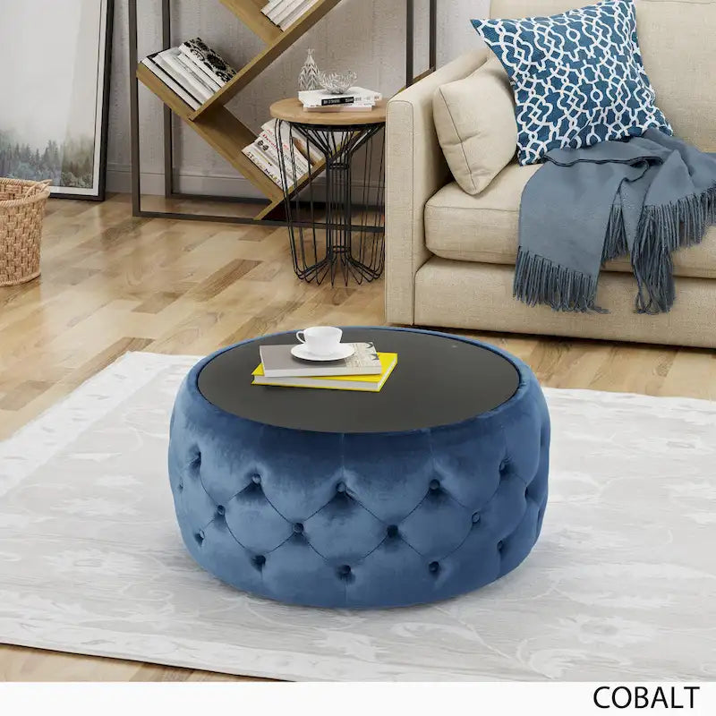 Table basse et tabouret en verre trempé et velours