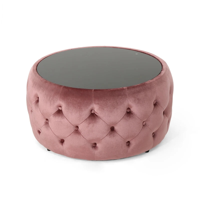Table basse et tabouret en verre trempé et velours