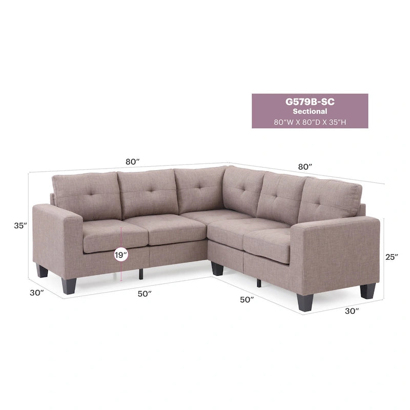 Canapé d'angle 2 pièces en sergé de polyester de 82 po de largeur - 32L x 82W x 35H