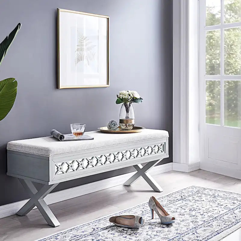 Banc de rangement relevable à base en X en filigrane de diamant miroir