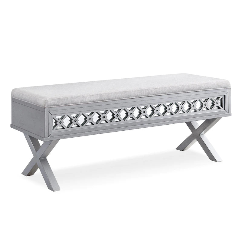 Banc de rangement relevable à base en X en filigrane de diamant miroir