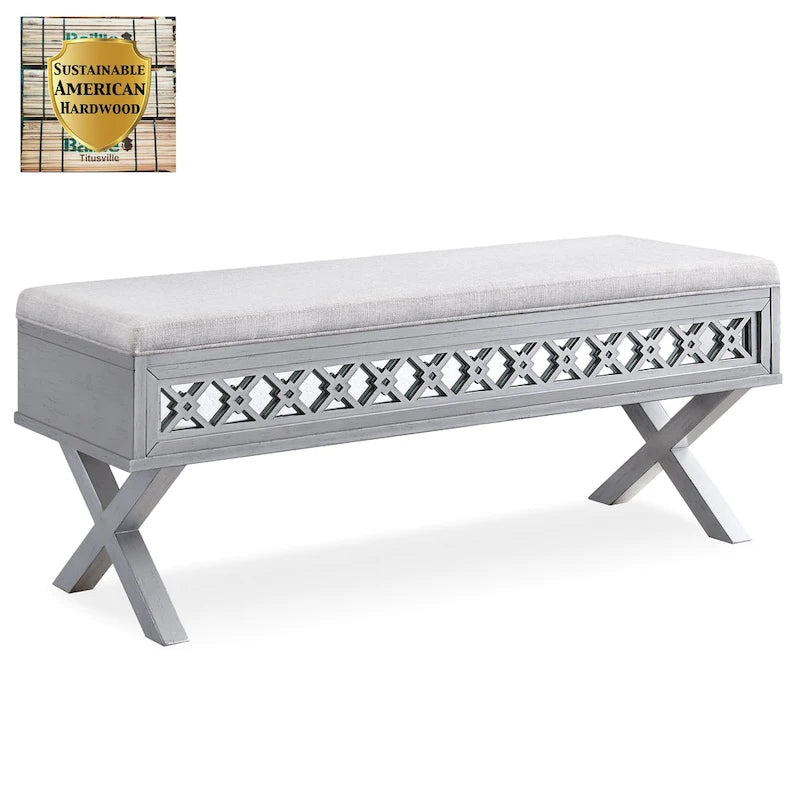 Banc de rangement relevable à base en X en filigrane de diamant miroir