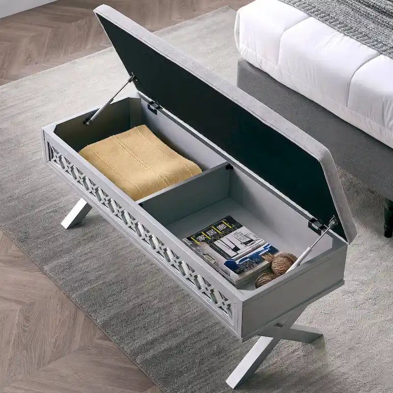 Banc de rangement relevable à base en X en filigrane de diamant miroir