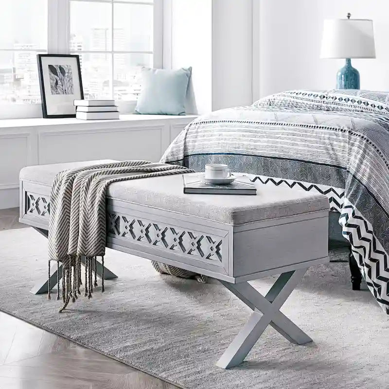 Banc de rangement relevable à base en X en filigrane de diamant miroir