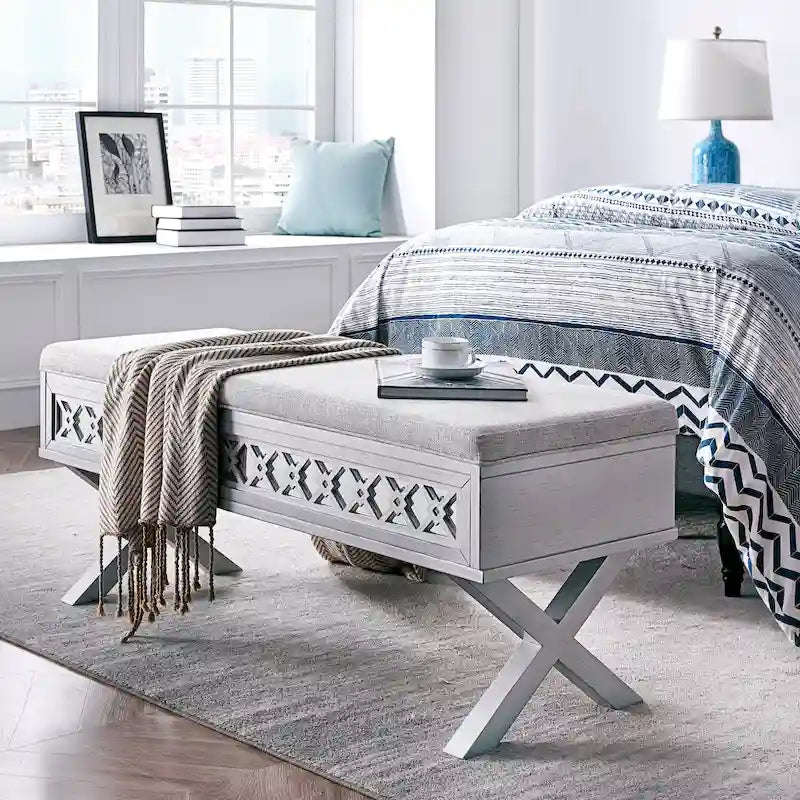Banc de rangement relevable à base en X en filigrane de diamant miroir