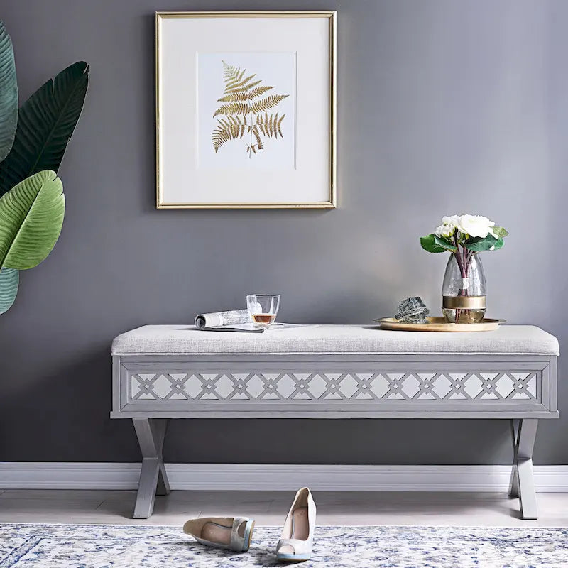 Banc de rangement relevable à base en X en filigrane de diamant miroir