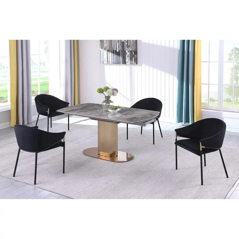 Table de salle à manger extensible avec plateau en céramique marbrée et base en acier