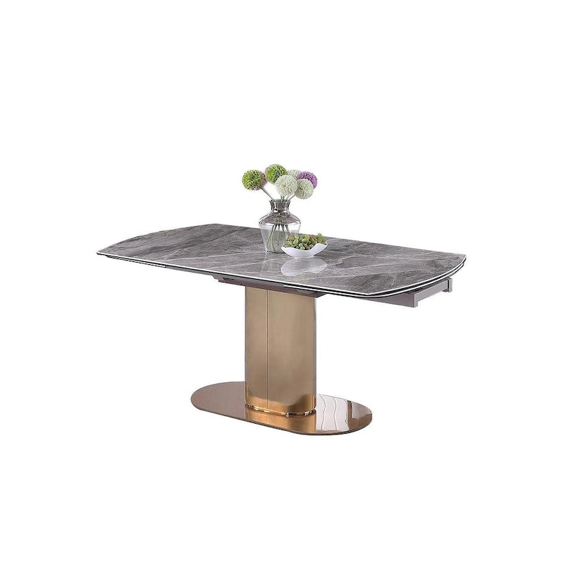 Table de salle à manger extensible avec plateau en céramique marbrée et base en acier