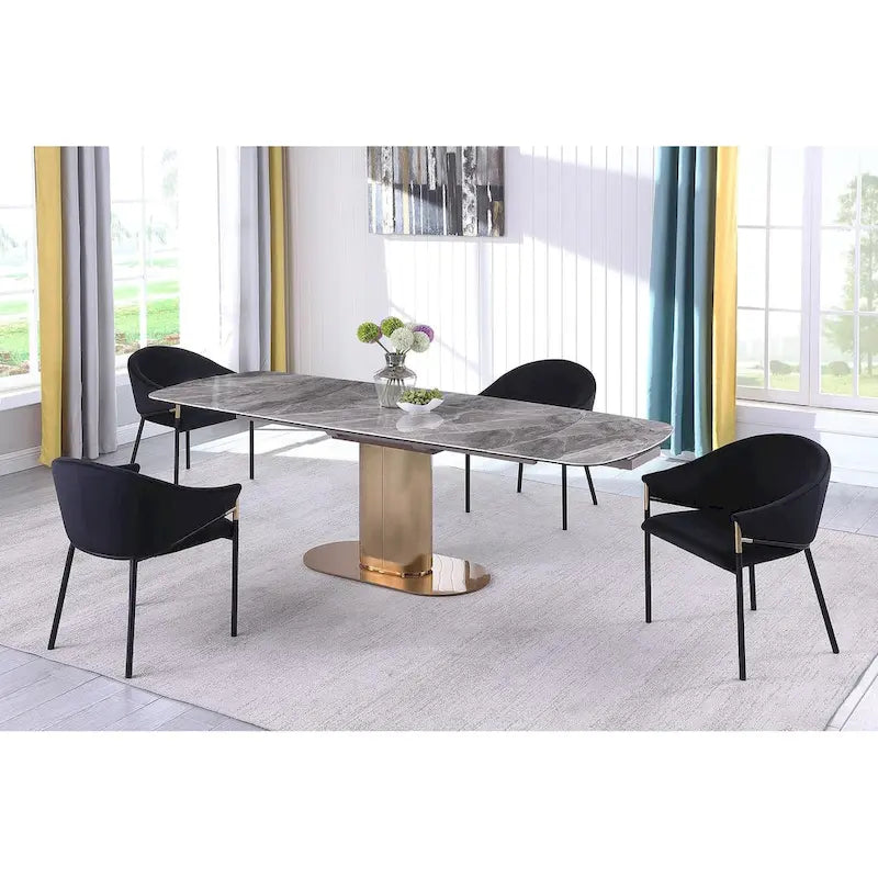 Table de salle à manger extensible avec plateau en céramique marbrée et base en acier