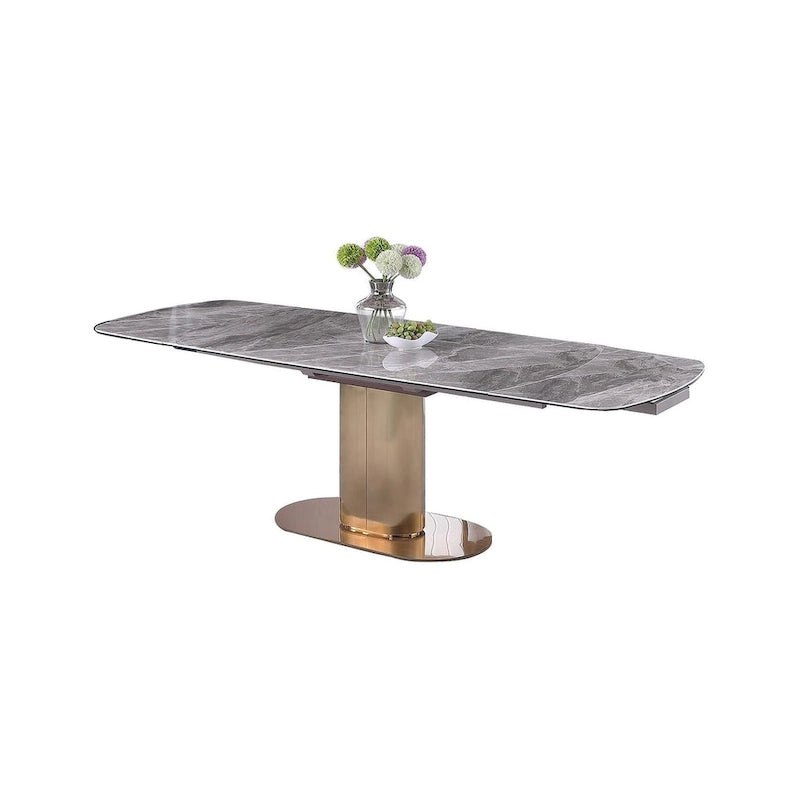 Table de salle à manger extensible avec plateau en céramique marbrée et base en acier