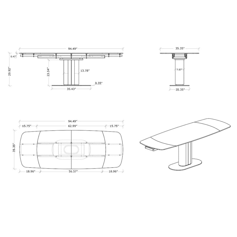 Table de salle à manger extensible avec plateau en céramique marbrée et base en acier