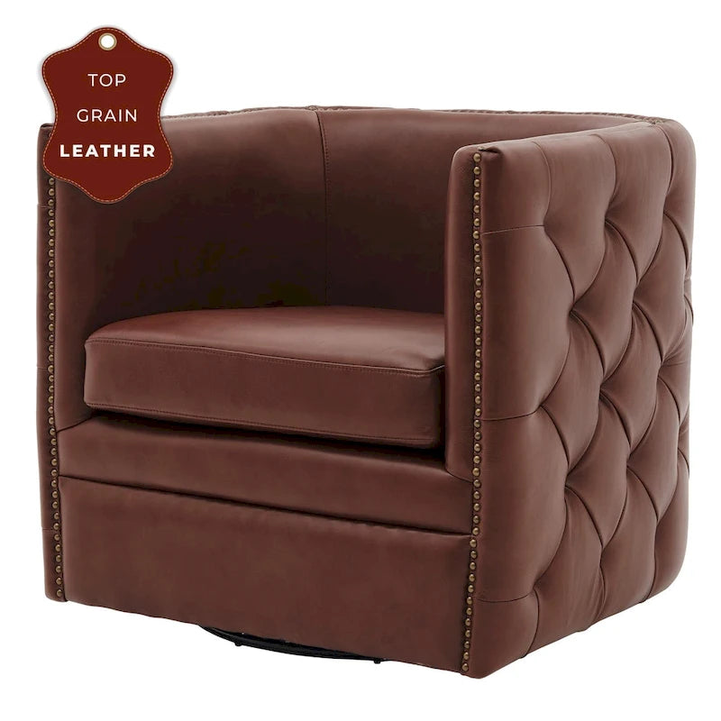 Fauteuil capitonné pivotant en cuir pleine fleur