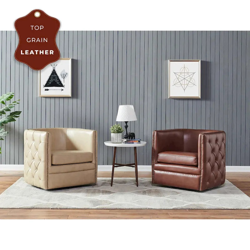Fauteuil capitonné pivotant en cuir pleine fleur
