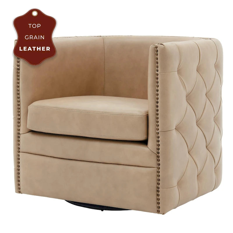 Fauteuil capitonné pivotant en cuir pleine fleur