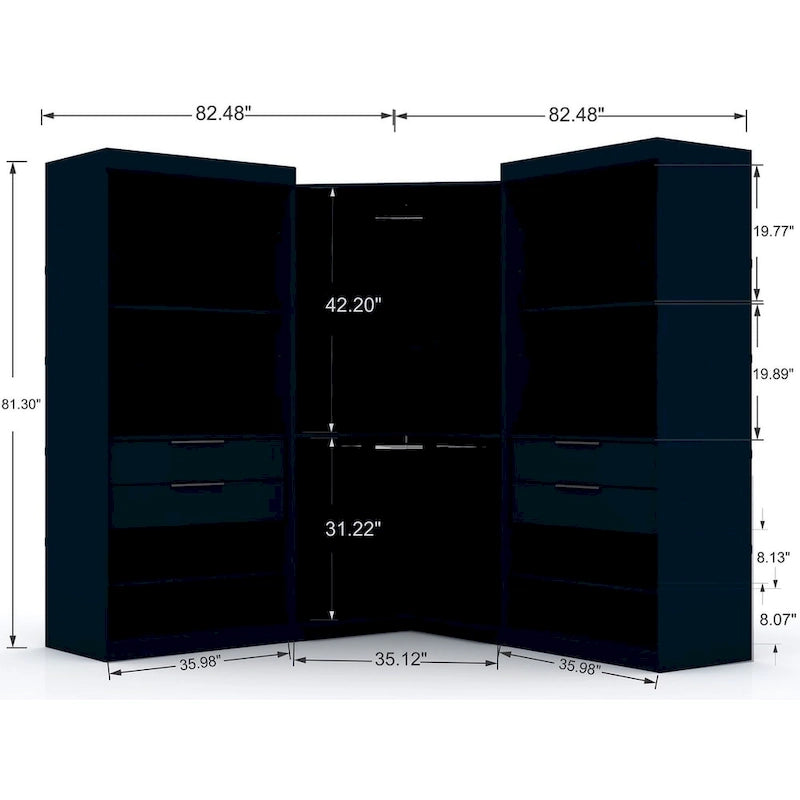 Armoire d'angle 3 sections modernes à 4 tiroirs, ensemble de 3