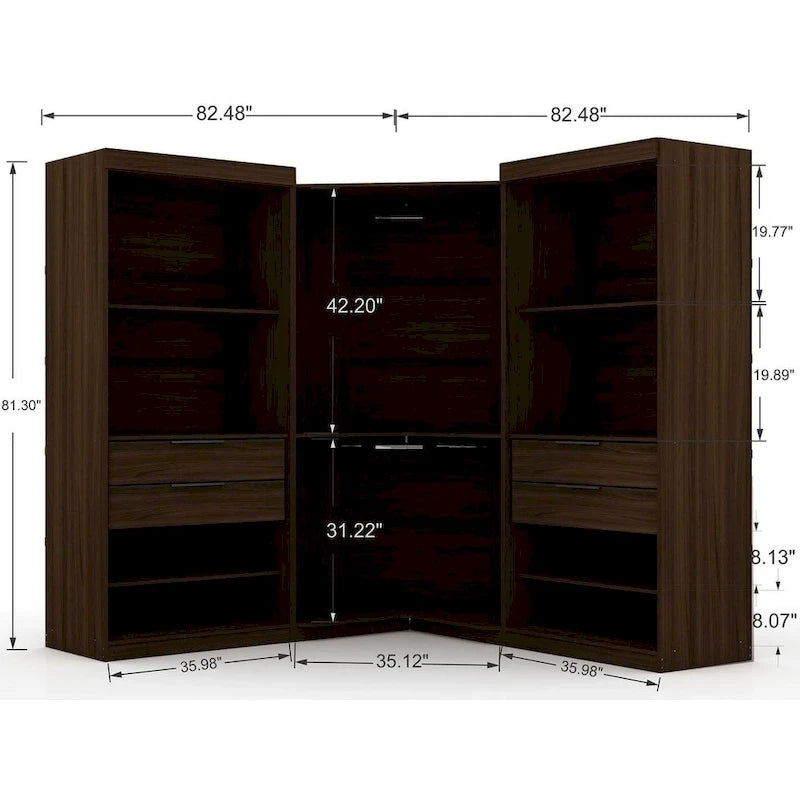 Armoire d'angle 3 sections modernes à 4 tiroirs, ensemble de 3
