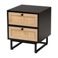 Table d'appoint à 2 tiroirs en bois au fini brun expresso et rotin naturel, style moderne du milieu du siècle