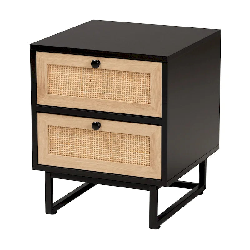 Table d'appoint à 2 tiroirs en bois au fini brun expresso et rotin naturel, style moderne du milieu du siècle