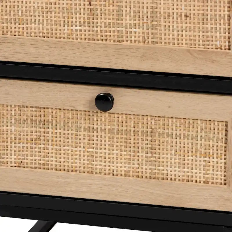 Table d'appoint à 2 tiroirs en bois au fini brun expresso et rotin naturel, style moderne du milieu du siècle