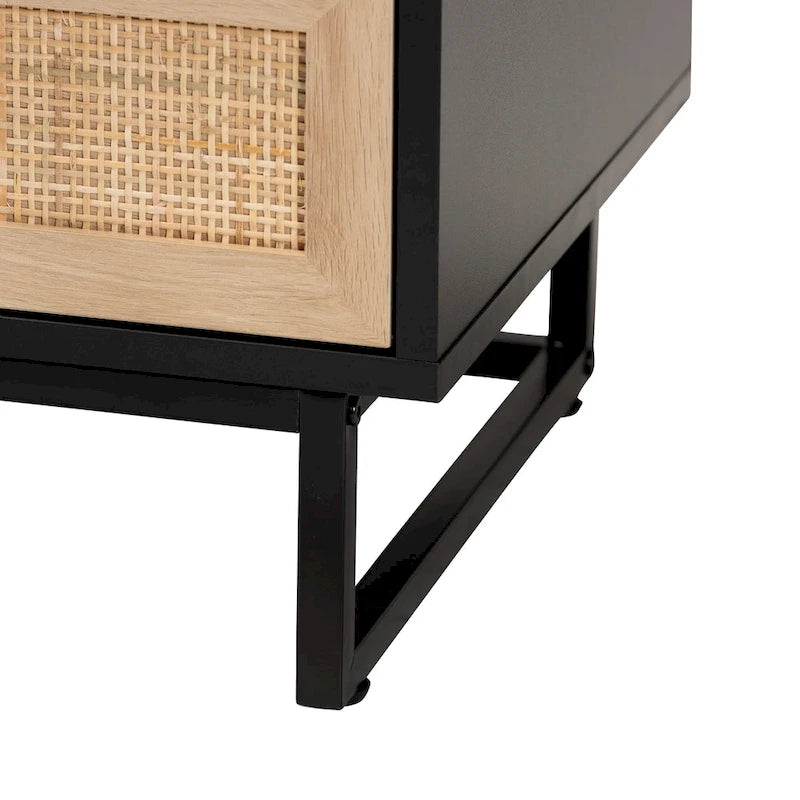 Table d'appoint à 2 tiroirs en bois au fini brun expresso et rotin naturel, style moderne du milieu du siècle