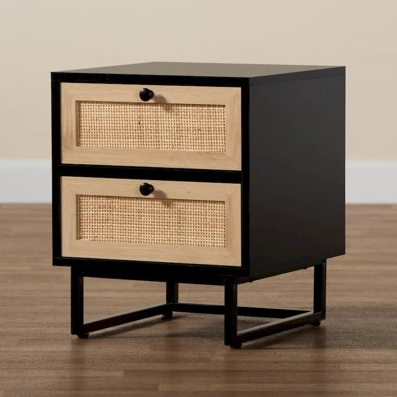 Table d'appoint à 2 tiroirs en bois au fini brun expresso et rotin naturel, style moderne du milieu du siècle