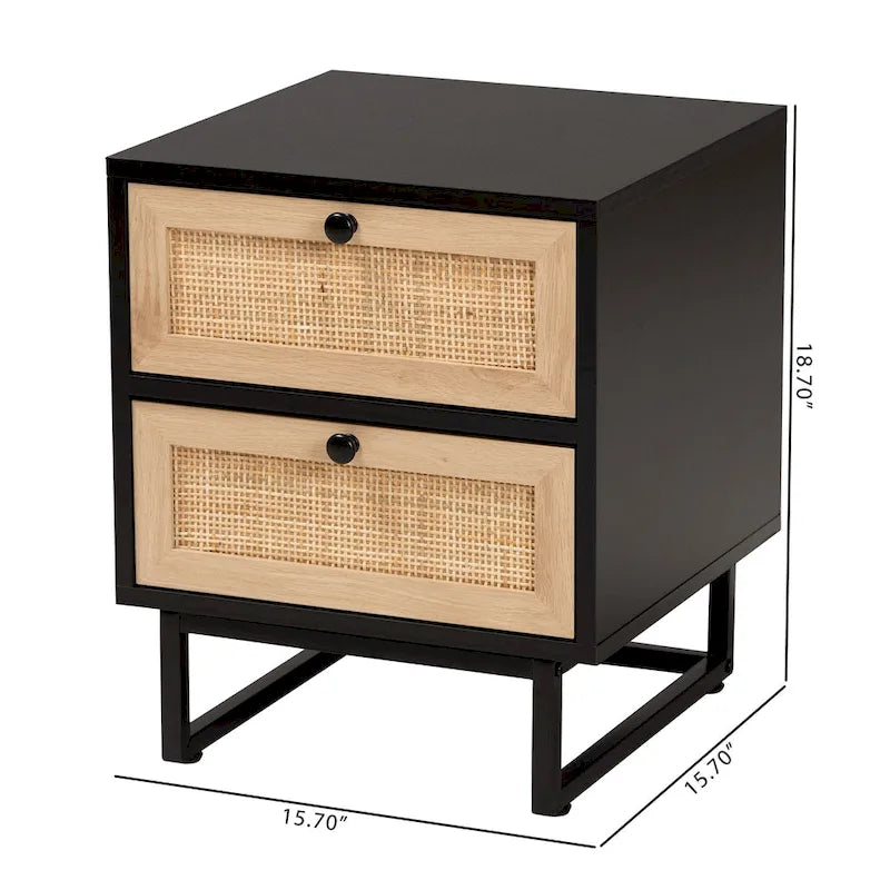 Table d'appoint à 2 tiroirs en bois au fini brun expresso et rotin naturel, style moderne du milieu du siècle