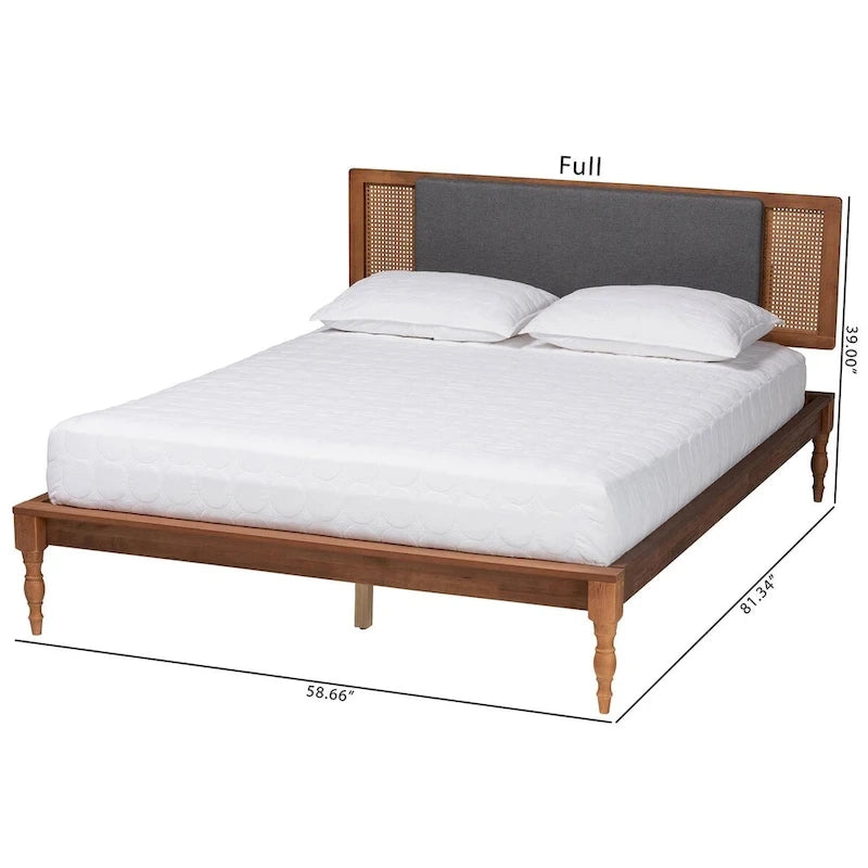 Lit plateforme moderne du milieu du siècle en tissu gris foncé et bois de noyer.